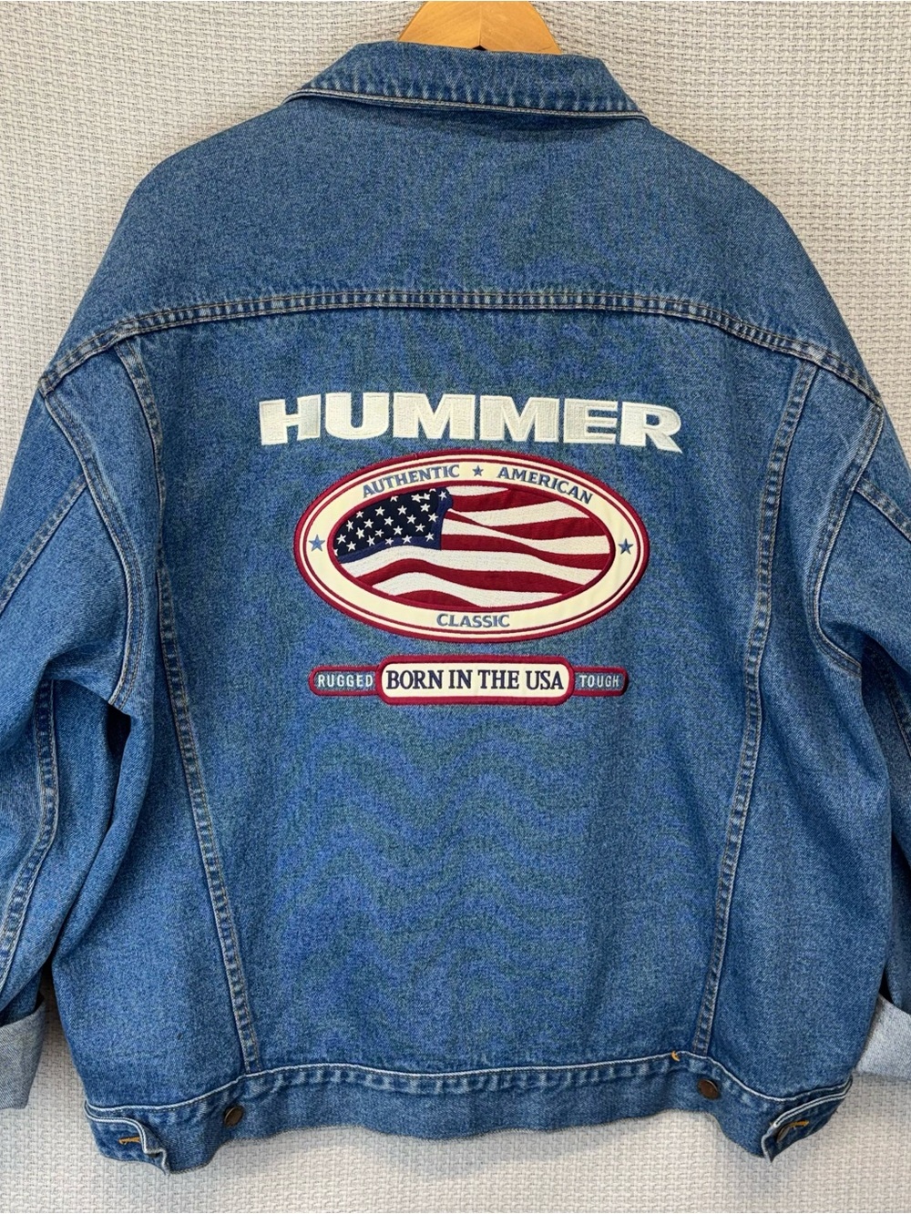 Vintage Haleman Hummer Truck Jean Jacket Men 2XL Blue Denim USA Flag Embroidered